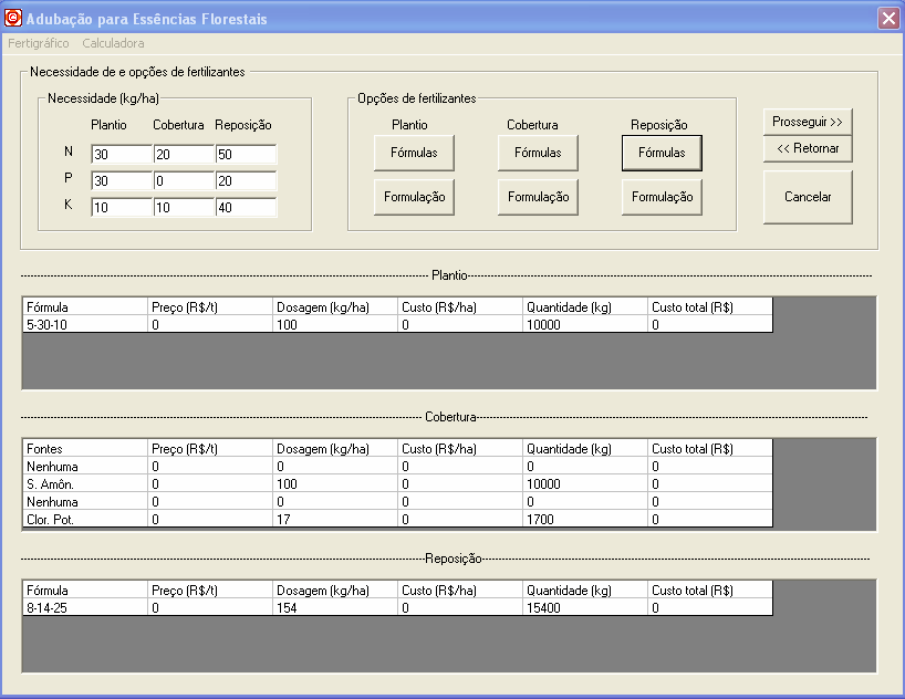 10. Escolha de Fertilizantes para Adubação de Essências Florestais a) Após a escolha da cultura e expectativa de rendimento, clicar no comando Prosseguir para exibir a janela de escolha dos