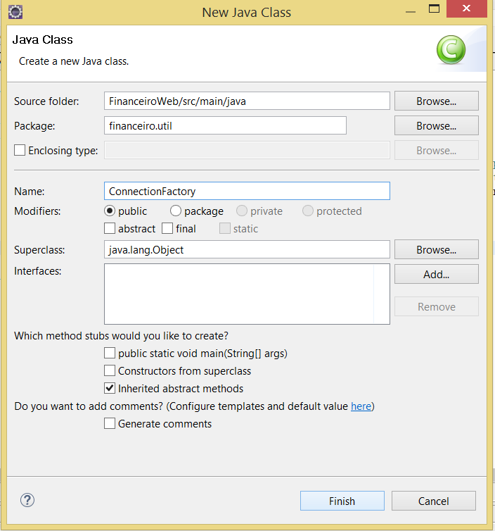 Figura [17]: Criação da Classe ConnectionFactory Figura [18]: Criação da Classe ConnectionFactory Uma vez que a classe foi criada, perceba que o ícone do pacote financeiro.
