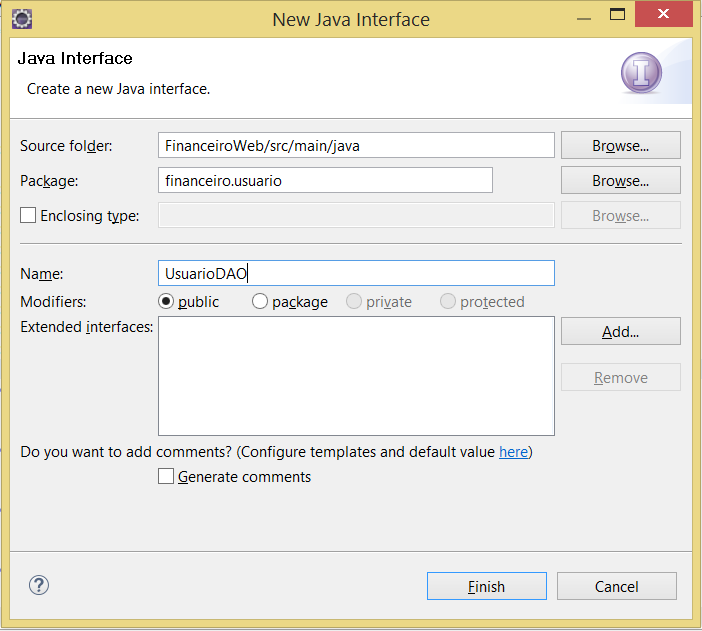 Figura [24]: Criação da Interface UsuarioDAO Figura [25]: Criação da Interface UsuarioDAO (Nome da Interface) Uma vez criada a interface, o código a ser implementado na mesma segue abaixo. 1.