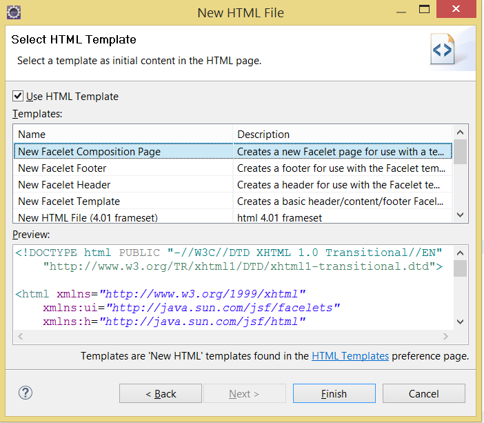 Figura [33]: Criação da Página usuário.xhtml Figura [34]: Configuração do Template.xhtml Feito isso, o seguinte código deverá ser implementado no arquivo usuario.xhtml. 1. <!