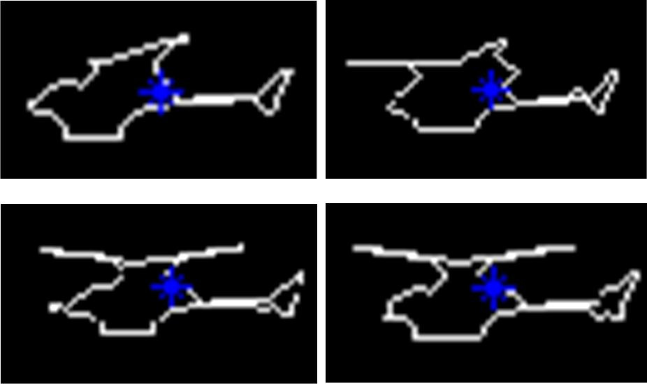 87 FIGURA 4.33 Exemplo de posição do centróide (ponto azul) e variação da área do helicóptero em função do movimento das pás do rotor principal.
