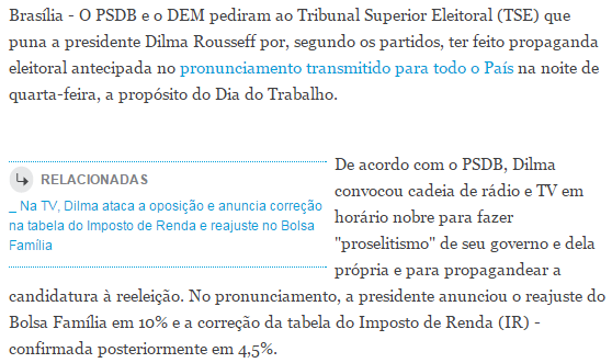 notam-se três tópicos que também contam como links do assunto, porém com palavras chaves, para exemplificar as pessoas, ou órgãos citados no texto. Figura 9 Hiperlinks em matéria do Estadão.