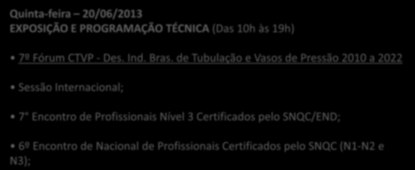 Eventos Paralelos Quinta-feira 20/06/2013 EXPOSIÇÃO E PROGRAMAÇÃO TÉCNICA (Das 10h às 19h) 7º Fórum CTVP - Des. Ind. Bras.