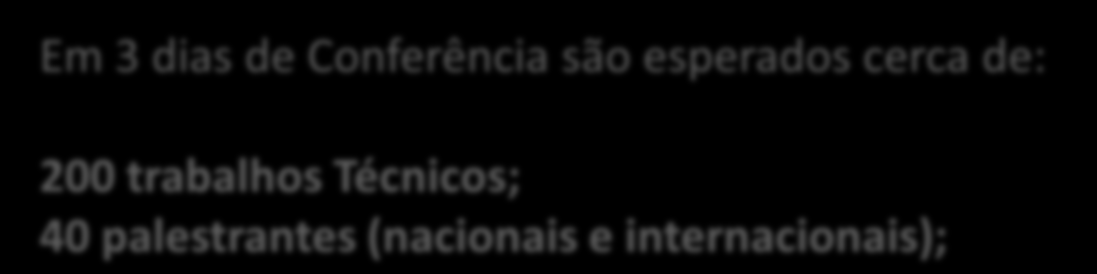 Programação Técnica Em 3 dias de Conferência são esperados cerca de: 200 trabalhos Técnicos; 40 palestrantes (nacionais e internacionais); E ainda Sessões Especiais: End e Inspeção (internacional)