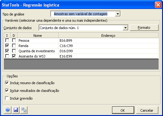 Comando Regressão logística Executa regressão logística em um conjunto de variáveis Caixa de diálogo Regressão logística O comando Regressão logística executa uma análise de regressão logística em um