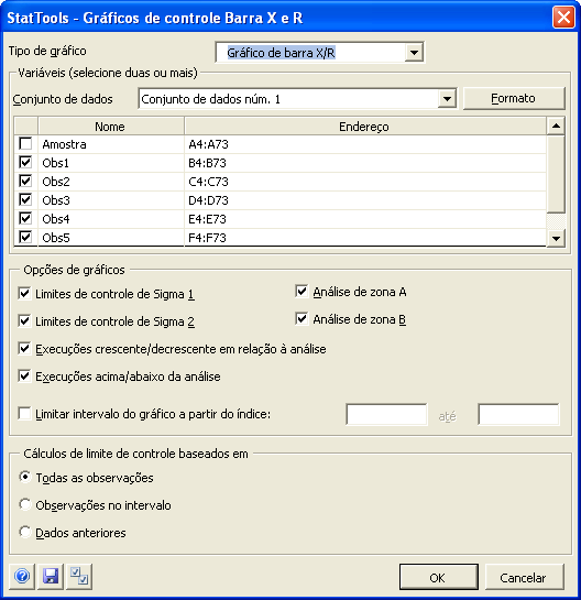 Caixa de diálogo Gráficos de controle Barra X e R Esses gráficos são configurados na caixa de diálogo Gráficos de controle Barra X e R: Duas ou mais variáveis podem ser selecionadas para a análise.