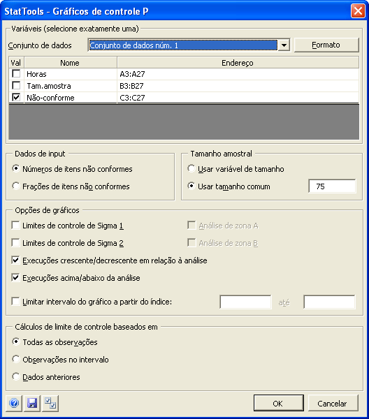 Caixa de diálogo Gráficos de controle P Este gráfico é configurado na caixa de diálogo Gráficos de controle P: Para a análise são selecionadas uma variável de valor e, opcionalmente, uma variável de