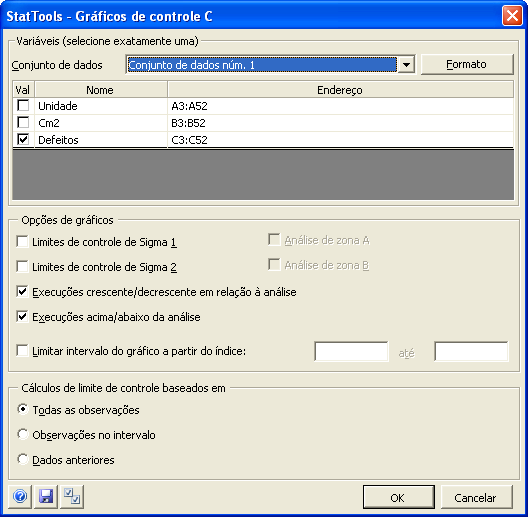 Comando Gráfico C Cria gráficos C para variáveis de série temporal Caixa de diálogo Gráficos de controle C Os gráficos C são usados para registrar o número de defeitos dos itens de um tamanho