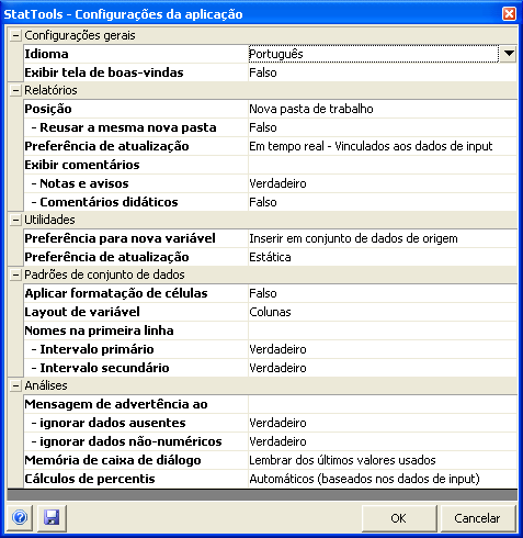 Menu Utilidades Comando Configurações da aplicação Especifica configurações para relatórios, gráficos, utilidades, conjuntos de dados e análises do StatTools O comando Configurações da aplicação