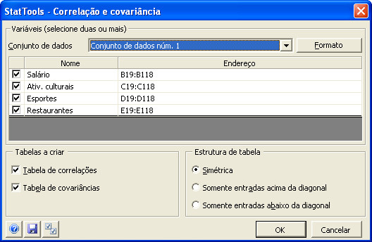 Comando Correlações e covariância Produz uma tabela de correlações e/ou uma tabela de covariâncias entre variáveis Caixa de diálogo Correlações e covariância O comando Correlações e covariância