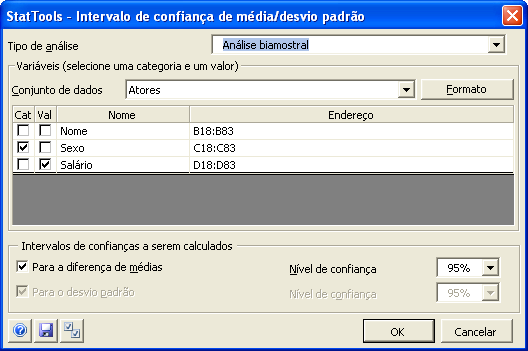 Menu Inferência estatística Os comandos do menu Inferência estatística executam as análises de inferência estatística mais comuns: testes de hipótese e intervalos de confiança, bem como ANOVA uni e