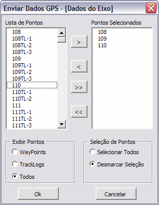 Ao clicar no botão Enviar, será exibida a janela de seleção. >: Envia a seleção de pontos para a lista de Pontos Selecionados.
