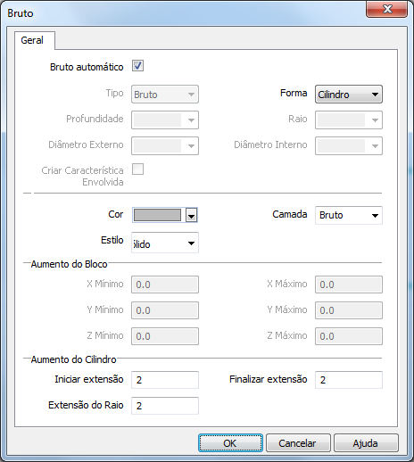 Criando o Bruto/Matéria Prima: Para criarmos uma matéria prima (Bruto) devemos executar o comando Bruto/Fixação que se encontra na barra de desenho ou então via o menu Geometria>Bruto/Fixação.