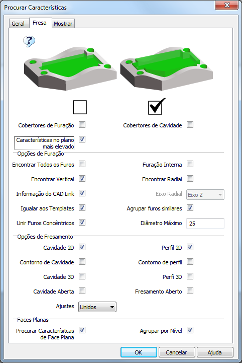 Tab Fresa: Na Tabe Fresa, podemos configurar quais características são necessárias para a usinagem e de que forma será usinada.