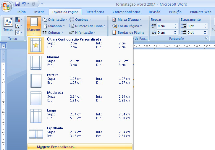 132 4.5.2 Microsoft Word 2007 4.5.2.1 Configurando o formato da página e as margens - Na barra de menu escolha a opção Layout da Página, Margens e Margens personalizadas.