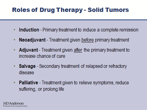 Along with understanding the different goals of therapy, it s important to know that there are different roles of drug therapy. And they vary depending on the treatment of different types of cancer.