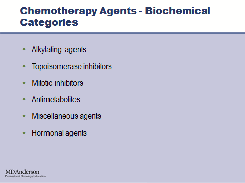 Now, I ll briefly review the different classes, or biochemical categories of chemotherapy agents. In general, chemotherapy is classified by their mechanism of action.