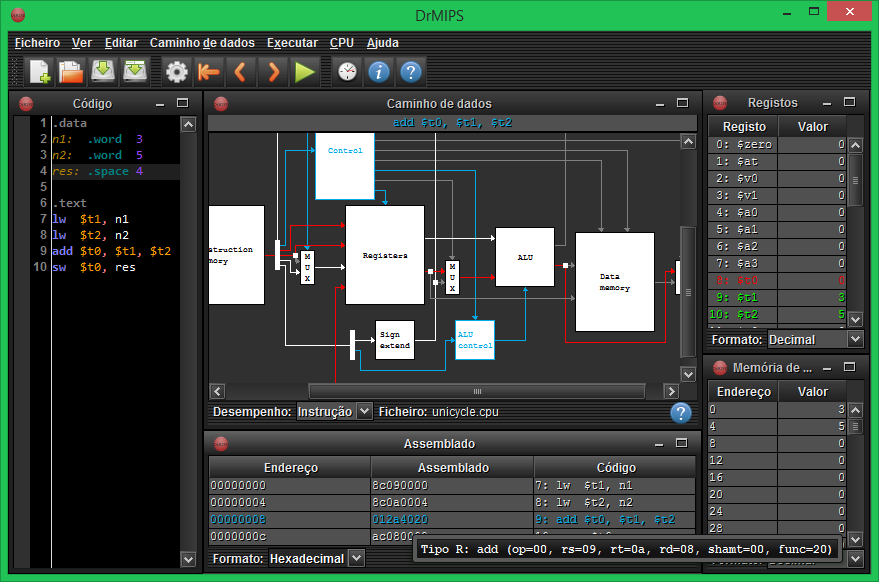 DrMIPS - FERRAMENTA DE APOIO AO ENSINO E APRENDIZAGEM DE ARQUITECTURA... 21 completamente visível no ecrã, como pode ser visto na Fig. 2. Finalmente, o utilizador pode consultar algumas estatísticas sobre a simulação.