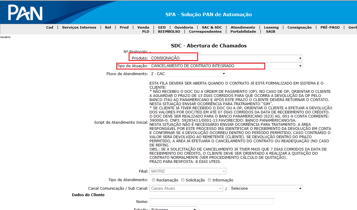 Cancelamento de contrato 7 dias Orientar o cliente a efetuar a devolução dos valores por DOC/TED em até 7 dias corridos da data de recebimento do