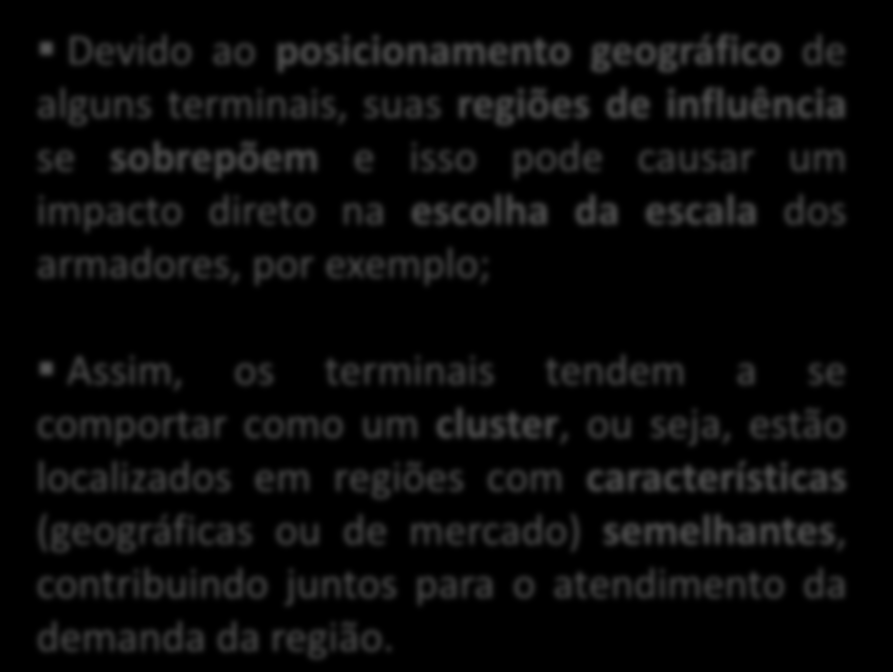 Definição dos Clusters Alguns terminais se comportam como um único sistema (ou cluster) devido a determinadas características, como sua região de influência: Devido ao posicionamento geográfico de