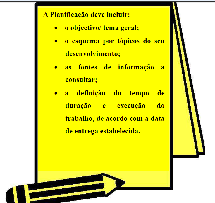 A Planificação deve incluir: O objetivo/tema geral Um