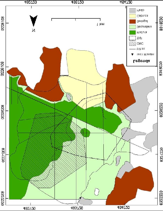 Frugivoria e dispersão de sementes por mico-leão-da-cara-dourada na REBIO-Una 16 Figura 6 Cobertura vegetal da área de estudo e áreas de vida dos grupos de mico-leão-da-caradourada, calculada a