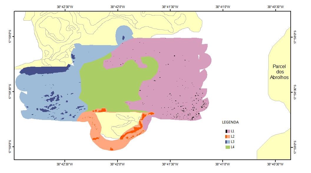 34 Figura 9: Imagem representando os padrões de fundo encontrados no estudo, onde L1 é o Padrão de Estruturas Desagrupadas em Fundo de Baixa Intensidade do Retorno do Sinal, L2 o Padrão de Estruturas