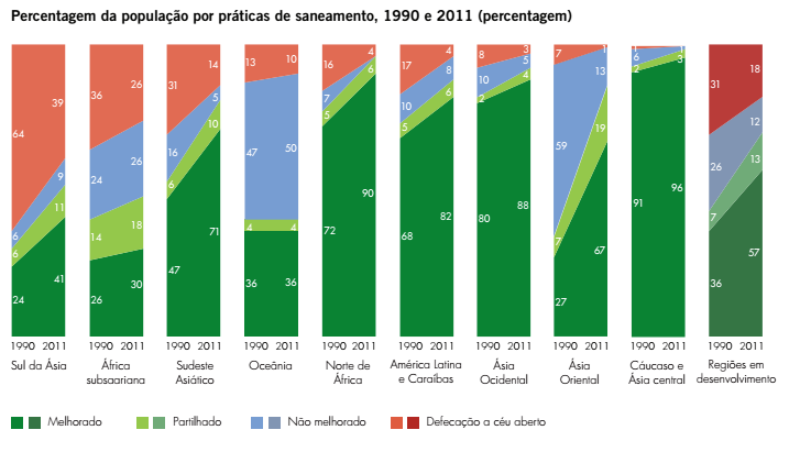 PNUD 16, apesar de uma redução entre o período de 1990-2011, a prática de defecar a céu aberto ainda tem muita incidência e, por sua vez, acaba colocando em risco a saúde pública.