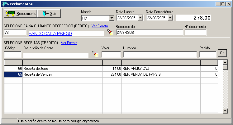 Efetuando Recebimentos De forma muito parecida com a tela de Pagamentos, você pode efetuar recebimentos no Klavix usando a tela abaixo: Neste caso, o lançamento contábil fica assim: D Banco Caixa