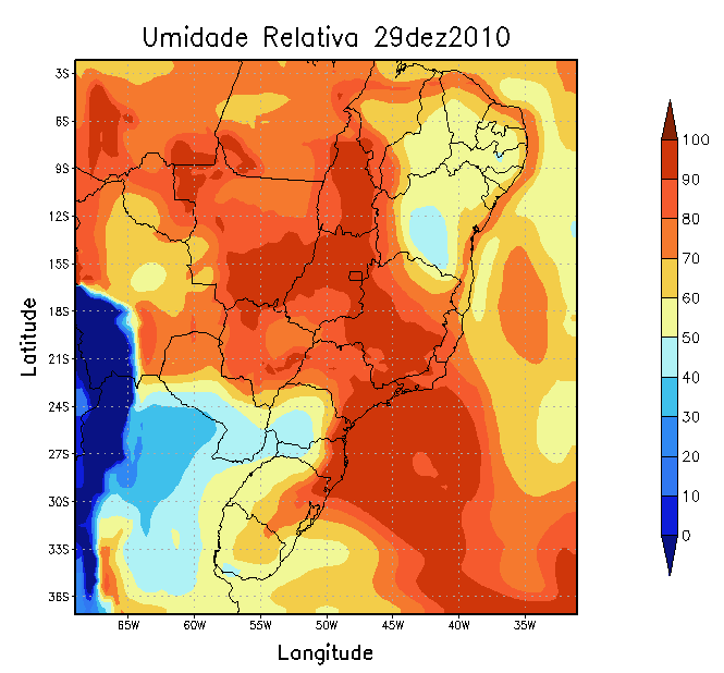 56 A umidade relativa (Figuras 23a-d) condiz com o esperado visto que é observado um aumento dos valores de umidade desde o oceano Atlântico Sul avançando pelo continente pela costa do Sudeste,