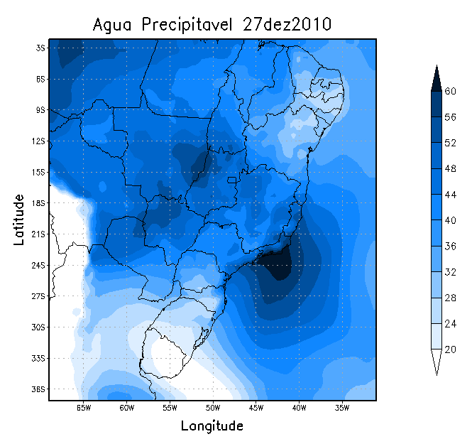 59 A água precipitável (Figura 26a) configura uma faixa de atuação da ZCAS estendendo-se de NW-SE até o Atlântico Subtropical, onde são observados valores elevados próximos à costa da região Sudeste.