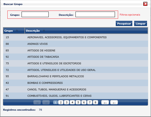 4.2.3.3. BUSCAR GRUPO, CLASSE E MATERIAL - MECANISMO O sistema disponibiliza o mecanismo de busca da estrutura (grupo, classe e material) de forma a facilitar para o usuário.