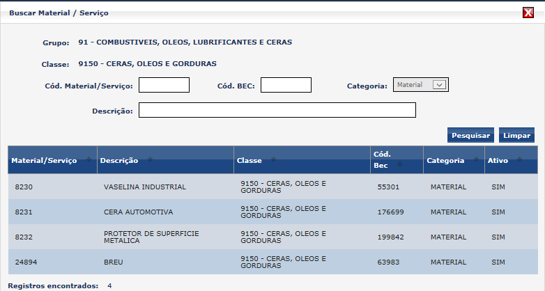 Encontrando-se a classe desejada, o usuário deverá clicar sobre ela e o sistema retornará,