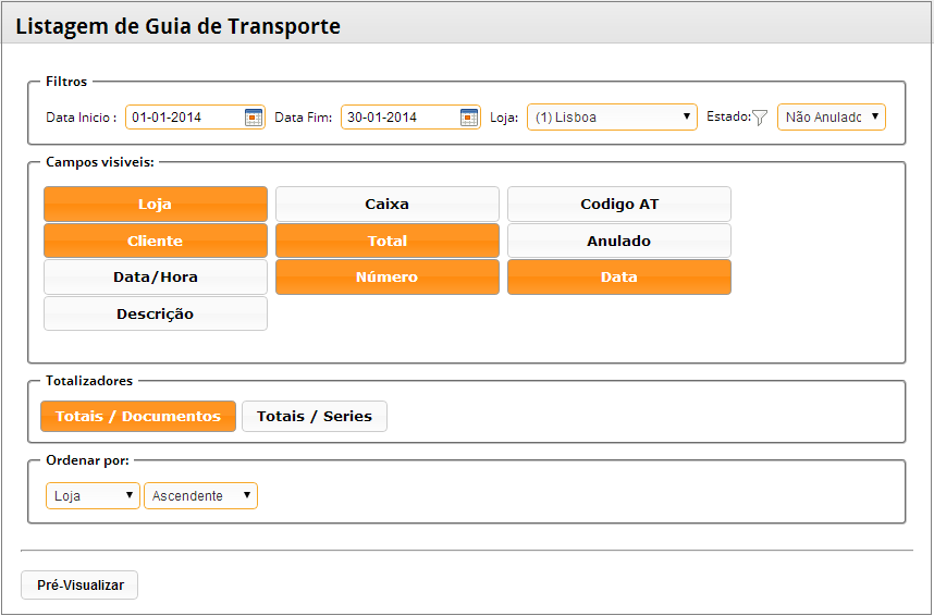 34 Imprimir Listagem das Guias de Transporte Para imprimir uma listagem com as Guias