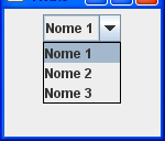 Componente JComboBox Exemplo: String nomes[] = {"Nome 1", "Nome 2", "Nome 3"}; JComboBox combobox = new JComboBox(nomes); frame.