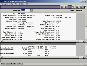 USO DO MÓDULO DE CONTROLE DE PRODUÇÃO 79 17.9 Consulta Detalhes de Transação de Operação eb-sfc-pr-140 Consulta Detalhes de Transação de Operação Número Menu 17.
