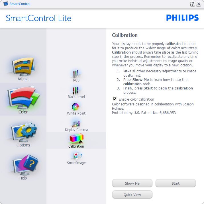 Exemplo de Color Calibration (Calibração de cor). 1. Show Me (Me mostrar) inicia o tutorial de calibração de cor. 2. Start (Iniciar) - inicia a sequência de 6 passos de calibração de cores. 3.
