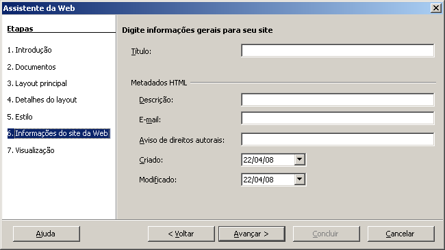 Detalhes do Layout Define os detalhes do layout da página HTML. Escolha o modelo e clique em Avançar.