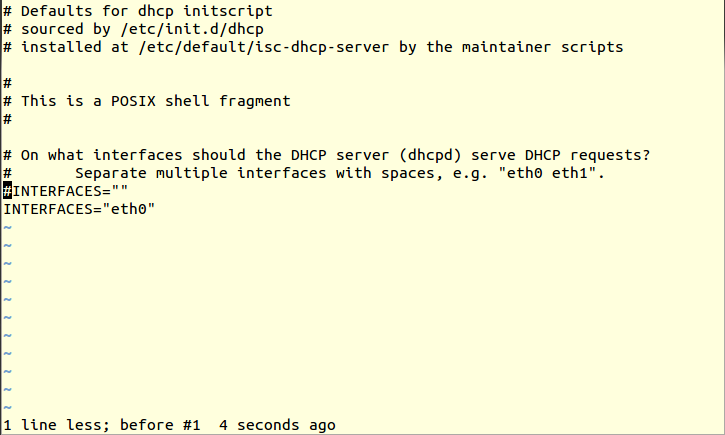 Configurando o DHCP Iremos comentar a linha (INTERFACES= ) e colocaremos uma linha apontando para o device que será usado