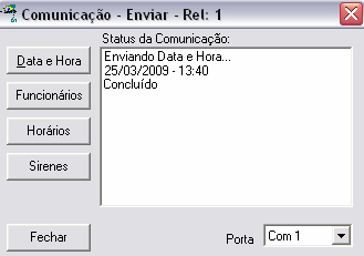 Nesta tela, envia-se a data e hora do computador para relógio, a lista de funcionários cadastrados no sistema, os horários e os cadastros de sirenes.