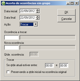 2. No campo Data inicial, informe a data inicial para acerto da ocorrência. 3. No campo Data final, informe a data final para acerto da ocorrência. 4.