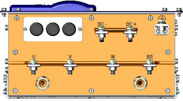Instalação e Conexão Figura 3.7: Bornes de potência e pontos de aterramento. Nas conexões de potência são utilizados parafusos M10X30mm sextavados (torque recomendado 30 N.m.).
