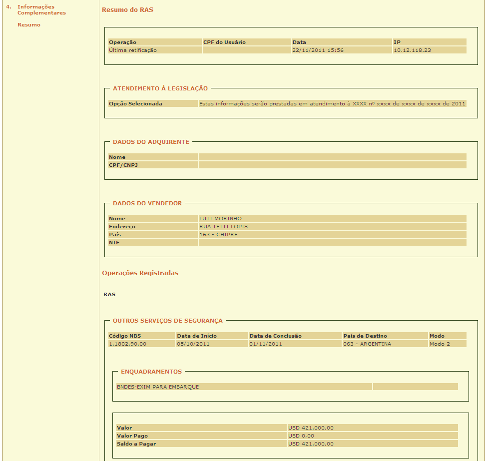 Após selecionar o RAS que deseja consultar, o sistema apresenta a tela Resumo do