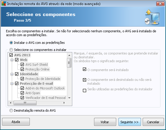 Neste passo, pode optar pela instalação do AVG com as predefinições ou selecionar componentes personalizados.