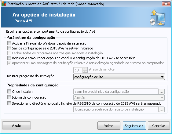 Na secção Parâmetros de configuração, pode optar entre as seguintes opções: Ativar a Firewall do Windows depois da instalação na eventualidade de não optar pela instalação do componente Firewall AVG,