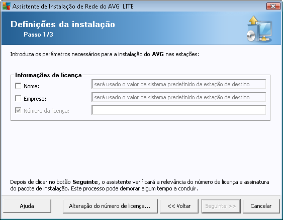 O Assistente de Instalação de Rede do AVG Lite orienta-o rapidamente ao longo do processo de criação do script do AVG. O script pode então ser usado para instalar o AVG nos seus postos. 8.2.1.