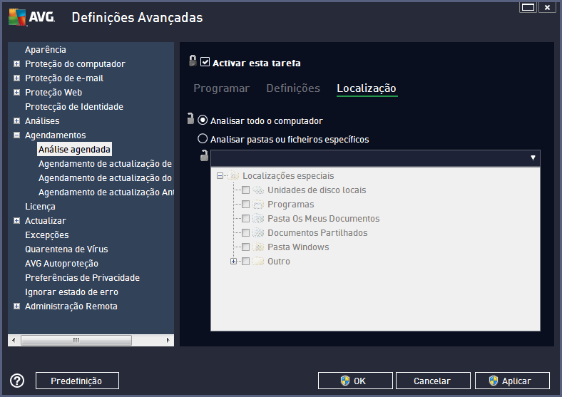 9.1.6. Análises Agendadas Durante a configuração de uma nova análise agendada, pode usar uma opção predefinida para Analisar todo o computador ou optar por Analisar pastas ou ficheiros específicos.