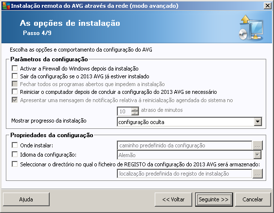 Na secção Parâmetros de configuração, pode optar entre as seguintes opções: Ativar a Firewall do Windows depois da instalação na eventualidade de não optar pela instalação do componente Firewall AVG,