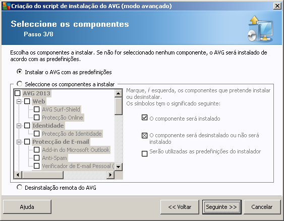 sistema. Pasta com o pacote de instalação do AVG digite a localização completa do pacote de instalação do AVG ou use este botão para selecionar a pasta correta.