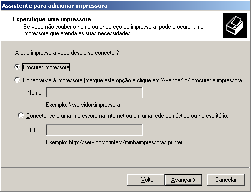 5. Selecione a opção Procurar impressora para que o Windows procure automaticamente o servidor de impressão. É possível também informar manualmente o caminho SMB do servidor de impressão.